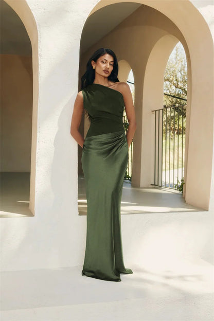 Elegant Dresses - Satin Inclined Shoulder Sexy Maxi Dress Women Fashion Patchwork Sleeveless Backless Bodycon Evening Club Party Dress