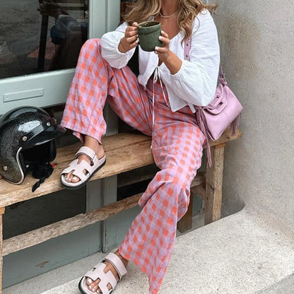 Pants - Womens Casual Plaid Print Pants Autumn Streetwear Elastic Waistband Straight Leg Pull On Trousers Loose Casual Bottoms