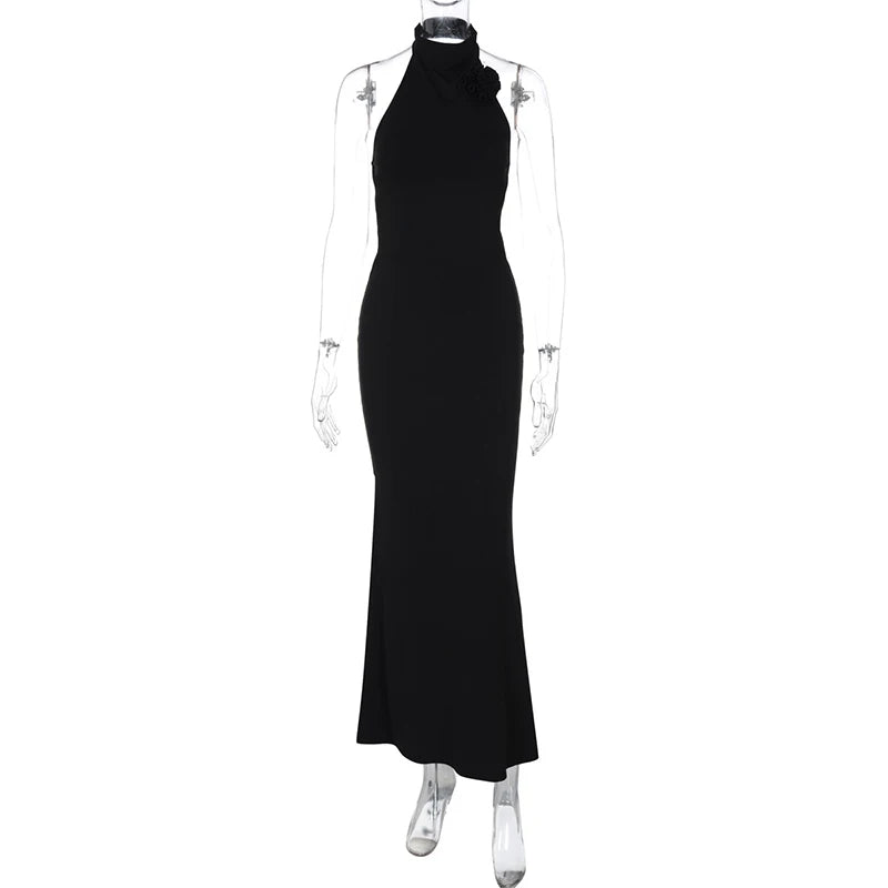 Elegant Dresses - Flower Sleeveless Sexy Maxi Dress For Women Gown Fashion Halter Backless Bodycon Evening Club Long Dress Vestido