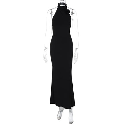 Elegant Dresses - Flower Sleeveless Sexy Maxi Dress For Women Gown Fashion Halter Backless Bodycon Evening Club Long Dress Vestido