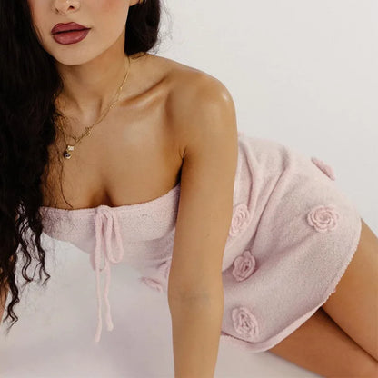 Casual Dresses - Elegant Sleeveless Lace Up Pink Mini Dress Women New Fashion 3d Flower Backless Sexy A-Line Short Dresses Bodycon Birthday Party