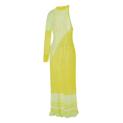 Beach Dresses - Contrast Color Hollow-Out Knit Beach Long Dress 2023 Summer See-Through One-Shoulder Long Sleeve Halter Tie-up Cover-Ups Dress