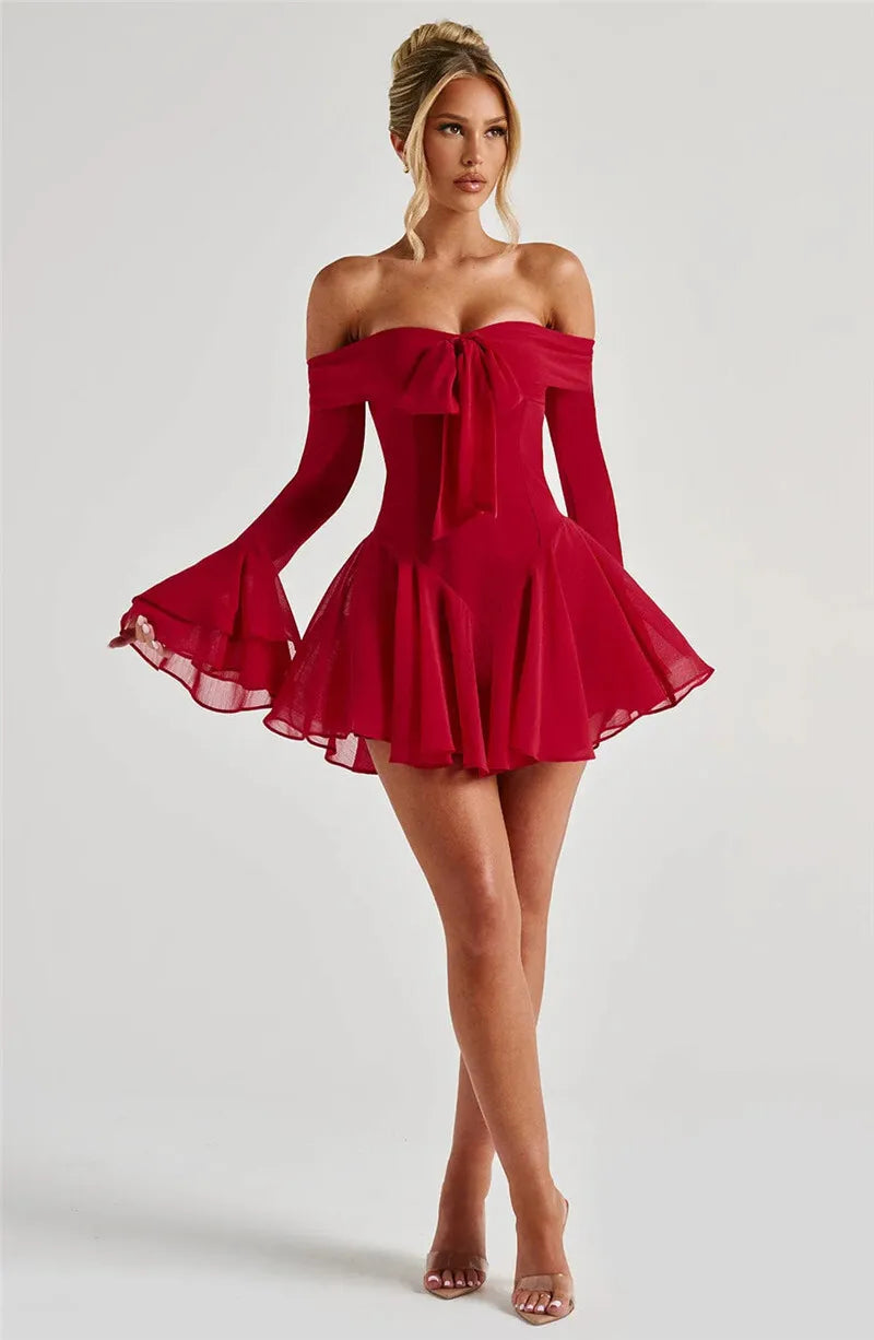 Party Dresses - Strapless Long Flare Sleeve Sexy Mini Dress For Women Robe Off-shoulder Backless High Waist A-line Club Party Dress