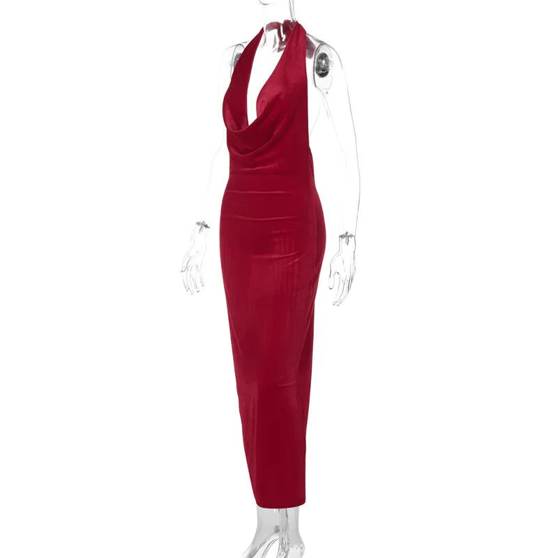 Elegant Dresses - Halter Backless Sexy Maxi Dress For Women Gown Fashion Lace-up Deep V Neck Sleeveless Bodycon Split Long Dress Elegant