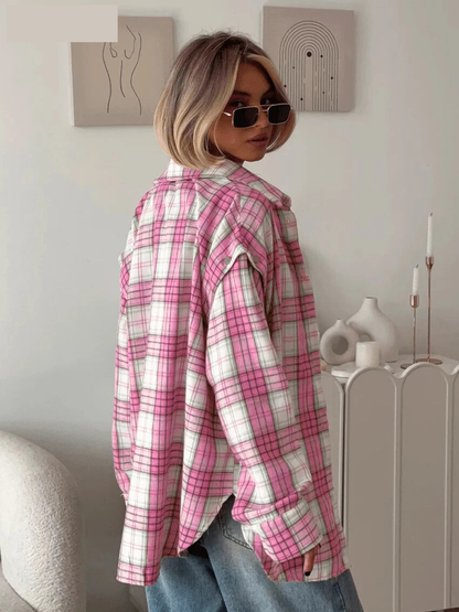 Shirts - Fashion Loose Plaid Office Women's Shirt Vintage Lapel Long Sleeve Shirts Elegant Classic Blouse Top Female Clothing