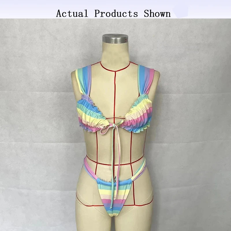 Swimwear - BEACHCICI Women's Bikini Set Sexy Sweet High Waist Rainbow Stripe Tie Up Pleated Holiday Backless Beach Two Piece Swimsuit