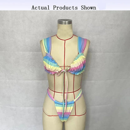 Swimwear - BEACHCICI Women's Bikini Set Sexy Sweet High Waist Rainbow Stripe Tie Up Pleated Holiday Backless Beach Two Piece Swimsuit