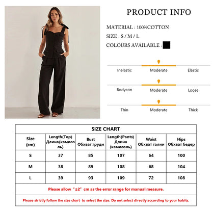 Pants Sets - Summer Slim Black Cotton Women's Two Pieces Set 2025 Fashion Sleeveless Tank Top With High Waist Wide Pants Set Female