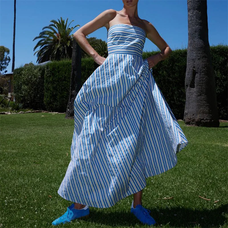 Strapless Dresses - Tube Dress for Women y2k Summer Striped Print Off Shoulder Strapless Sleeveless A Line Long Dress Beach Party Dresses