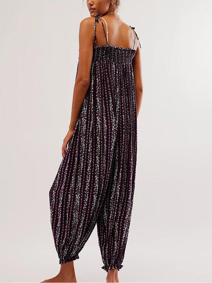 Jumpsuits - Women Summer Cami Jumpsuits Retro Floral Print Tie-Up Spaghetti Strap Sleeveless Long Rompers Fashion Loose Playsuits