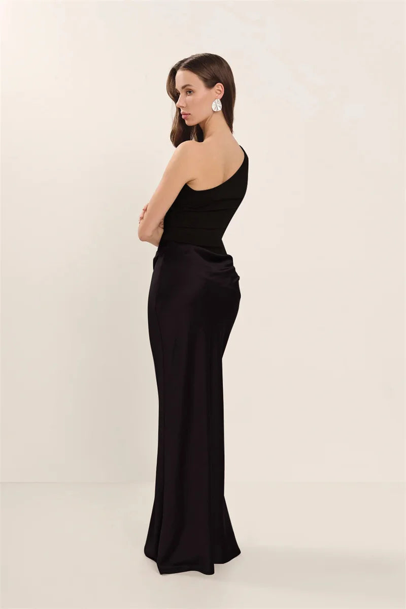 Elegant Dresses - Satin Inclined Shoulder Sexy Maxi Dress Women Fashion Patchwork Sleeveless Backless Bodycon Evening Club Party Dress