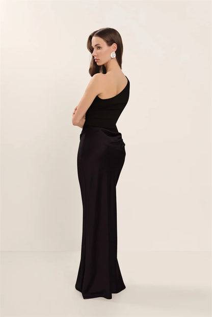 Elegant Dresses - Satin Inclined Shoulder Sexy Maxi Dress Women Fashion Patchwork Sleeveless Backless Bodycon Evening Club Party Dress