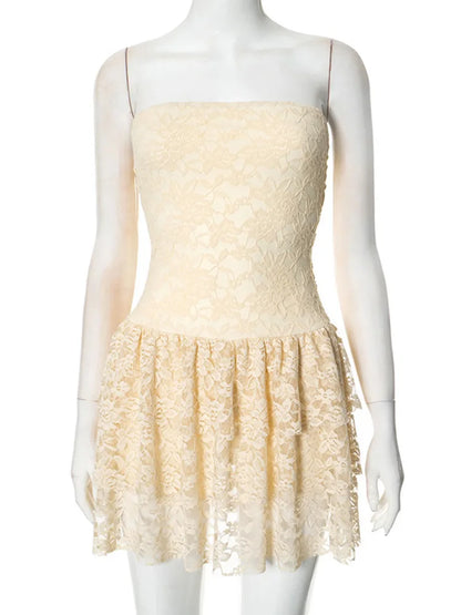 Tube Dresses - Off-shoulder Strapless Sexy Mini Dress For Women Elegant Lace Sleeveless Backless High Waist Pleated Cake Dress
