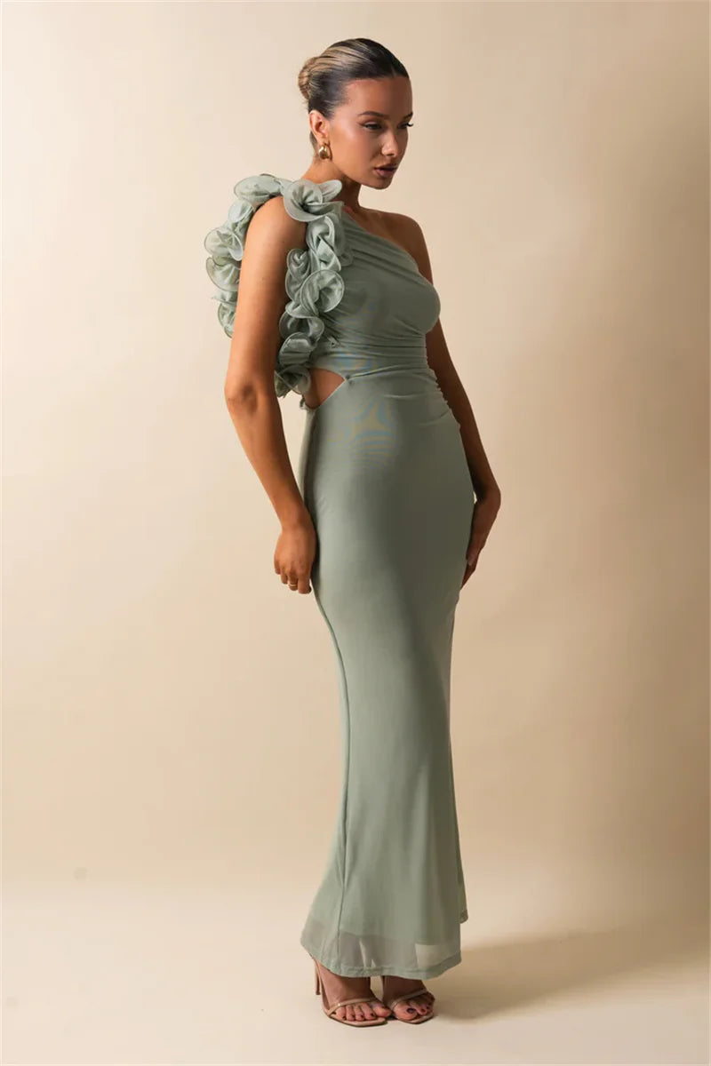 Elegant Dresses - Shoulder Floral Mesh Ruched Sexy Maxi Dress For Women Gown Oblique Shoulder Sleeveless Backless Bodycon Long Dress