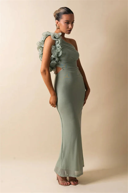 Elegant Dresses - Shoulder Floral Mesh Ruched Sexy Maxi Dress For Women Gown Oblique Shoulder Sleeveless Backless Bodycon Long Dress