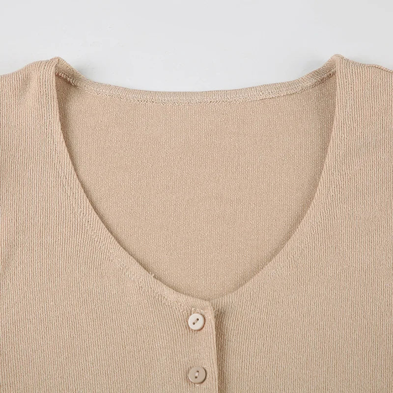 Casual Dresses - Summer New Knitted Mini Dress Female Elegant V Neck Buttons Short Sleeve Dress High Elasticity Casual Women's Dress