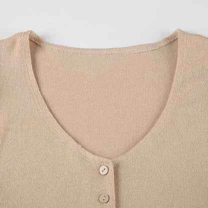 Casual Dresses - Summer New Knitted Mini Dress Female Elegant V Neck Buttons Short Sleeve Dress High Elasticity Casual Women's Dress