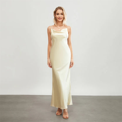 Satin Dresses - Backless Spaghetti Straps Party Long Dresses 2024 New Evening Gown Satin Vestidos Women's Cowl Neck Slip Wrap Dress