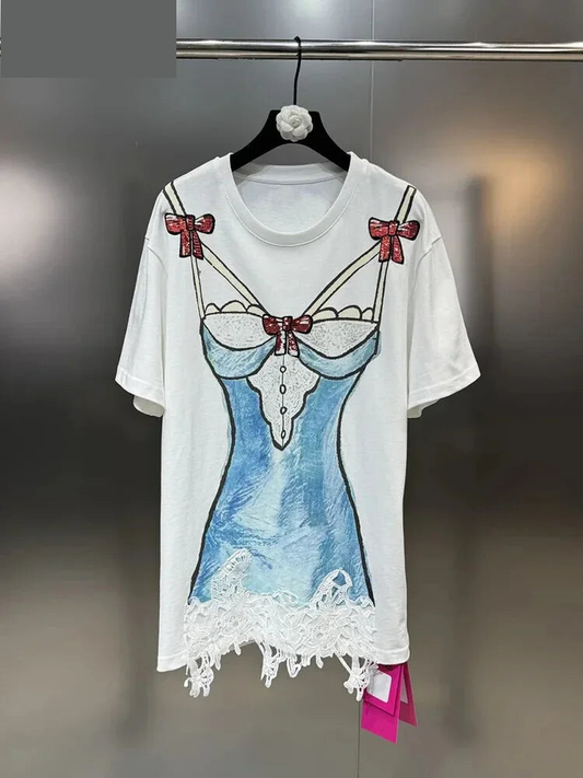 T-Shirts - Trendy New Items Women's Spliced Lace Print T-shirt 2024 Spring Fashion Round Neck Short Sleeves Tops Female 11XX8901