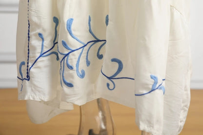 Kaftans - Jastie Embroidered Women Maxi Dress V-Neck Batwing Sleeve Loose Oversize Summer Dresses Drawstring Waist Boho Beach Vestidos