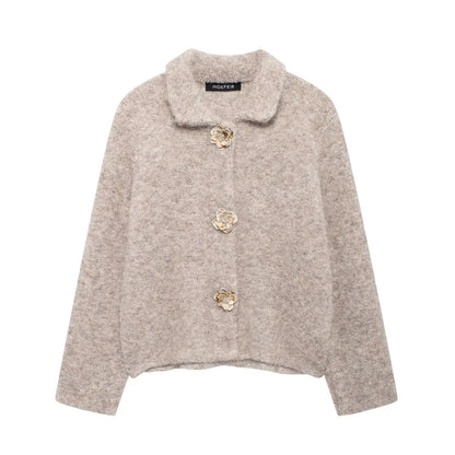 Cardigans - Women Autumn Flowers Shape Single Breasted Lapel Long Sleeve Knitted Top Fashion Female Chic Casual Slim Sweater Cardigan
