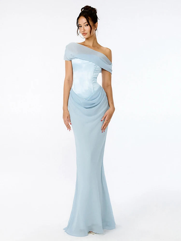 Elegant Dresses - Patchwork Sexy Diagonal Collar Women Maxi Dress Backless High Wasit Dress Spring New Elegant Party Evening Dress 2025