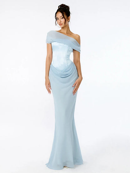Elegant Dresses - Patchwork Sexy Diagonal Collar Women Maxi Dress Backless High Wasit Dress Spring New Elegant Party Evening Dress 2025