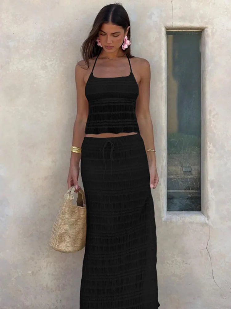 Matching Sets - Chiffon Lace Sexy Skirt Two Piece Sets Women Halter Crop Tops And Maxi Skirt Ladies Fashion Woman Long Dress Set