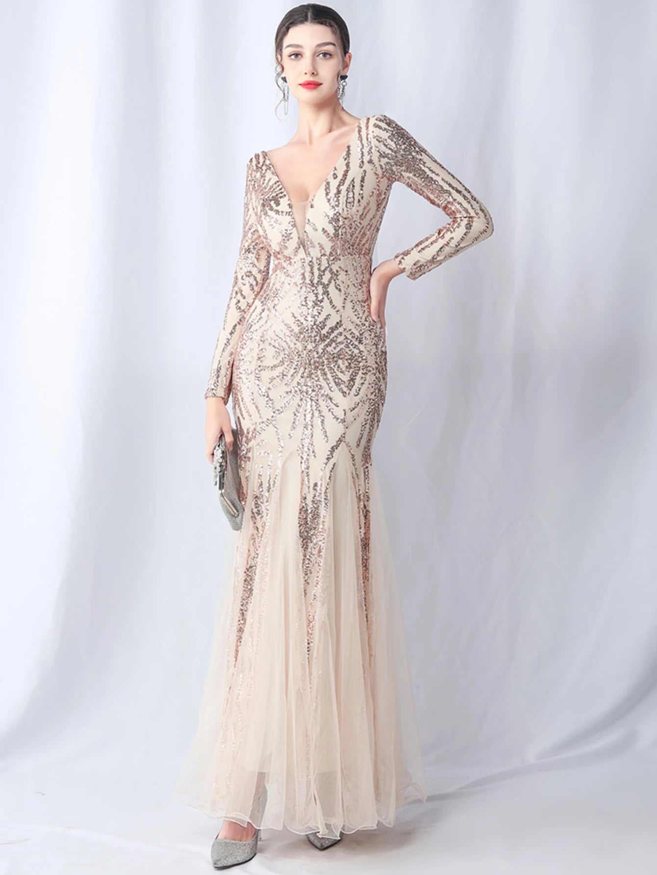 Sequin Dresses - Sexy backless maxi sequin summer dress women 2024 elegant luxury mesh wedding party dress long sleeve evening dresses vestidos