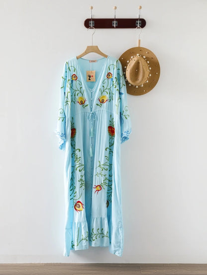 Kaftans - Jastie Embroidered Women Maxi Dress V-Neck Batwing Sleeve Loose Oversize Summer Dresses Drawstring Waist Boho Beach Vestidos