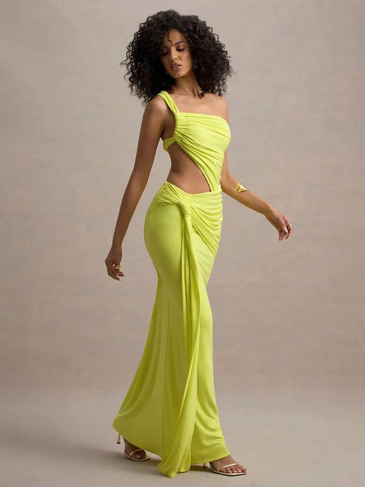 Elegant Dresses - Sexy Sleeveless Hollow Out Irregular Side Ribbon Pleated Long Dress For Women High Waist Elegant Sexy Club Party Dress