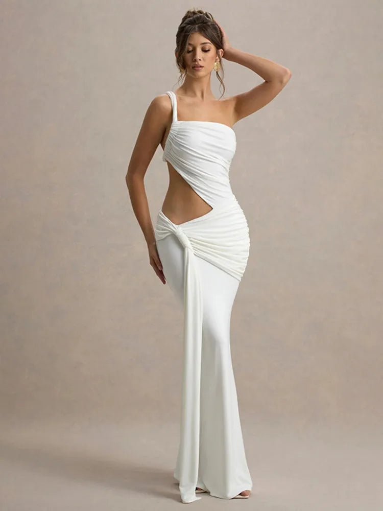 Elegant Dresses - Sexy Sleeveless Hollow Out Irregular Side Ribbon Pleated Long Dress For Women High Waist Elegant Sexy Club Party Dress