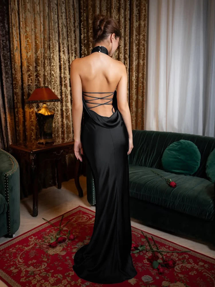 Elegant Dresses - Halter Dress Women Smooth Backless Satin Silky Summer Trend Birthday Banquet Party Elegant Sleeveless Skinny Maxi Bodycon