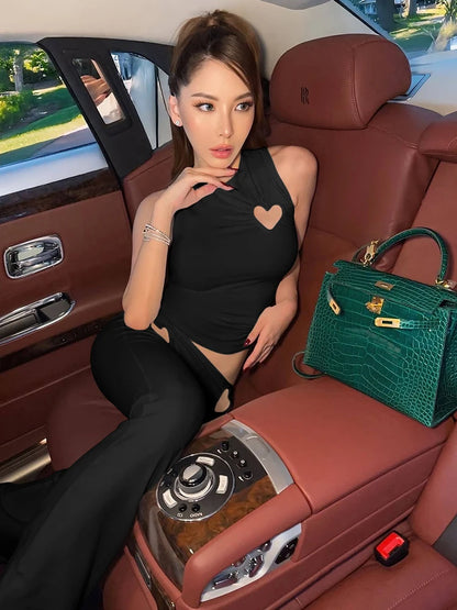 Matching Sets - Spring Release Junior Ankle-Length High Street Pants Suit K25S63797 Girl Solid Slim Love Hollow Pattern Pants Suit