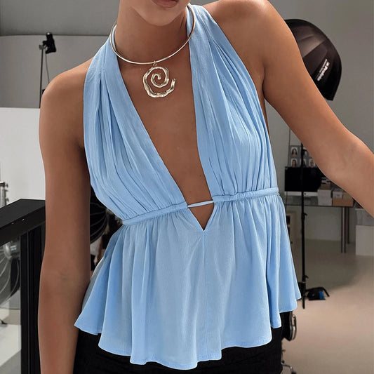 Sleeveless Blouses - Women Halter Neck Crop Tops Sexy Tie-up Sleeveless Backless Tank Tops Solid Color Summer Vest Female Camisoles for Club Party