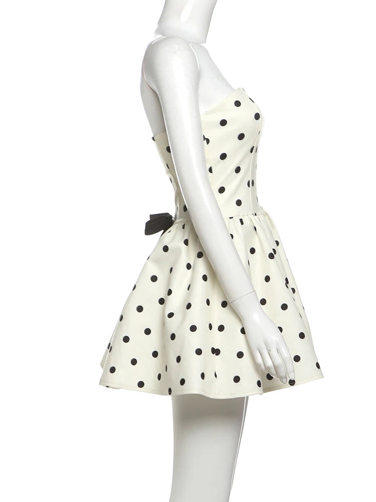 Fit and Flare Dresses - Dots Print Dress Women Chest Wrap Backless Bow Applique Ruffles Loose Hem 2025 Y2k Trend Streetwear Chic Mini Bodycon