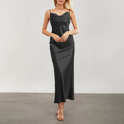 Satin Dresses - Backless Spaghetti Straps Party Long Dresses 2024 New Evening Gown Satin Vestidos Women's Cowl Neck Slip Wrap Dress