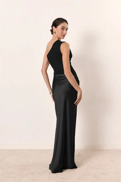 Elegant Dresses - Satin Inclined Shoulder Sexy Maxi Dress Women Fashion Patchwork Sleeveless Backless Bodycon Evening Club Party Dress