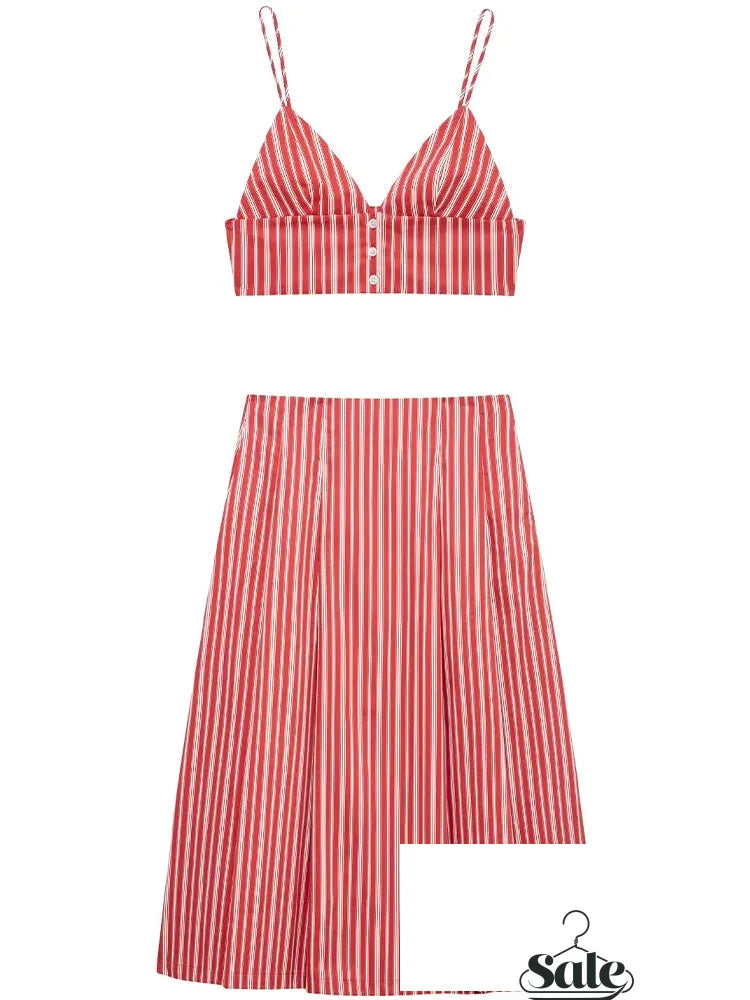 Skirts set - Sexy Club Chic Striped Women Suit Crew Neck Sleeveless Top Loose Long Straight Skirt Fashion 2025 Spring Summer Set