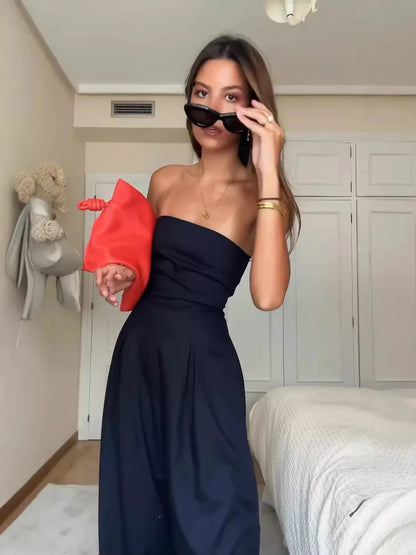 Pantsuits - Summer Women's Jumpsuit Fashion Strapless Solid Color Sleeveless Loose Wide Legs Pants Casua Romper High Streetwear Female Cloth