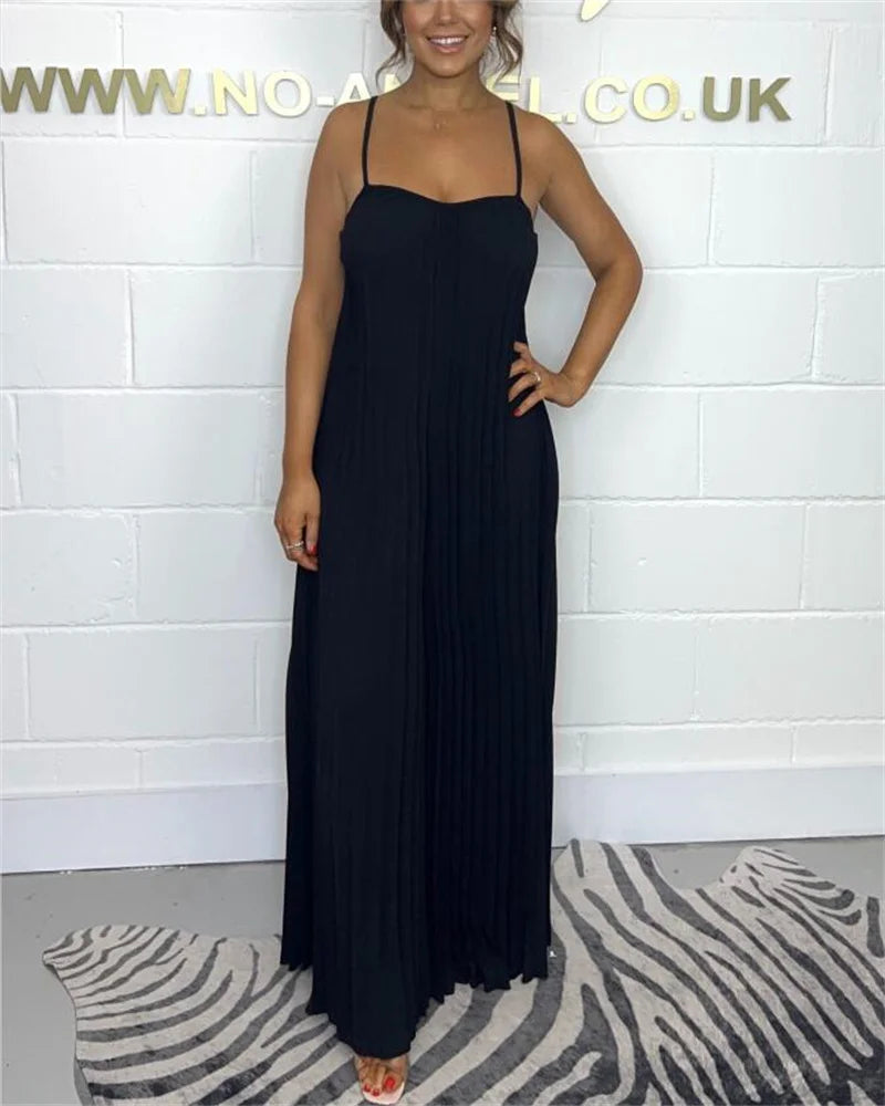 Jumpsuits - Plus-size women's jumpsuit full-body pressure pleated solid color sleeveless suspenders jumpsuit plus-size women's clothing