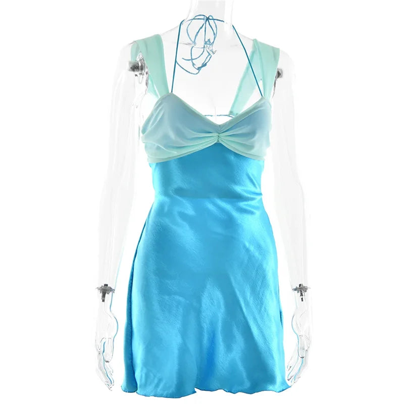 Mini Dresses - Patchwork Sleeveless Sexy Mini Dress For Women Robe Satin Strapless Backless Lace-up High Waist A-line Club Dress