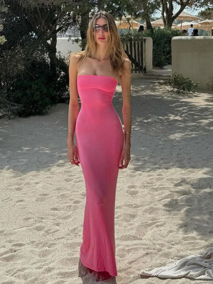 Pink Backless Maxi Dress Women Sexy Strapless Sleeveless Bodycon Dress Party Outfits Summer Lace-up Holidays Dress 2024