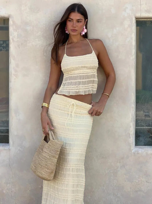 Matching Sets - Chiffon Lace Sexy Skirt Two Piece Sets Women Halter Crop Tops And Maxi Skirt Ladies Fashion Woman Long Dress Set