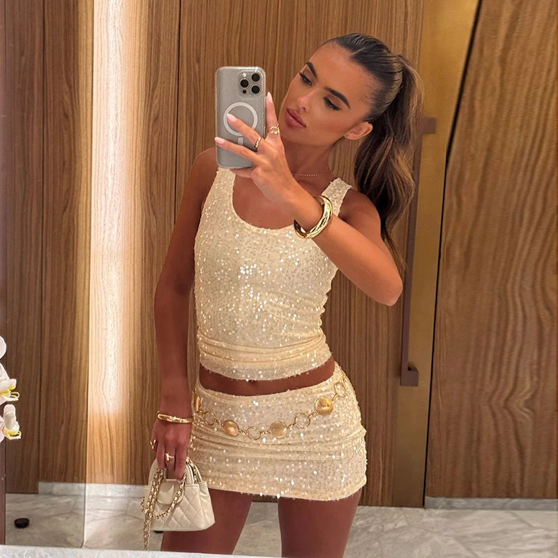 Skirt Set - Sexy Sequined A-line Skirts Sets Women Square Collar Sleeveless Sling Top Mini Skirt 2025 Spring Summer Lady High Street Outfits
