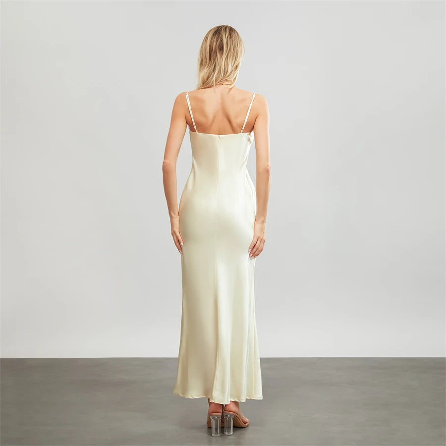Satin Dresses - Backless Spaghetti Straps Party Long Dresses 2024 New Evening Gown Satin Vestidos Women's Cowl Neck Slip Wrap Dress