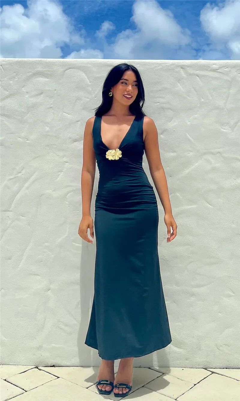 Elegant Dresses - Elegant Deep V Neck Front Gold Clasp Sexy Maxi Dress For Women Black Gown Sleeveless Slim Fit Long Tank Dress Elegant