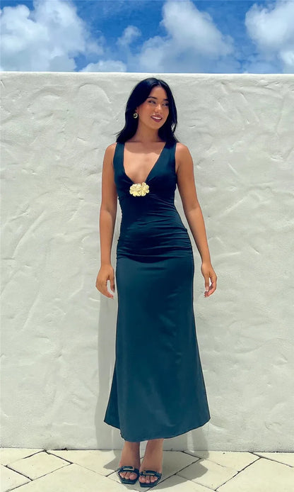 Elegant Dresses - Elegant Deep V Neck Front Gold Clasp Sexy Maxi Dress For Women Black Gown Sleeveless Slim Fit Long Tank Dress Elegant