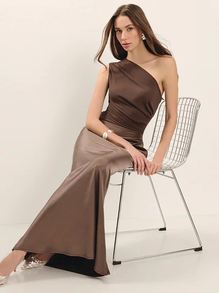 Elegant Dresses - Satin Inclined Shoulder Sexy Maxi Dress Women Fashion Patchwork Sleeveless Backless Bodycon Evening Club Party Dress