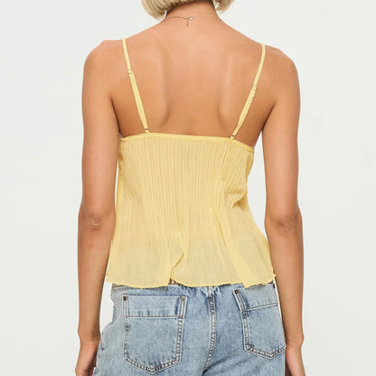 Cami Tops - Women's Y2K Pleated Babydoll Camisoles Front Mini Bow Decor Adjustable Spaghetti Straps Lace V-Neck Ruffled Hem Tops